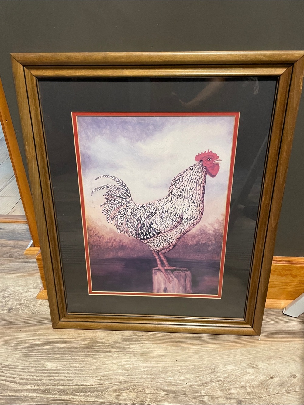 Framed Vintage A. Churchill Rooster Home Art Print in Purple and Red